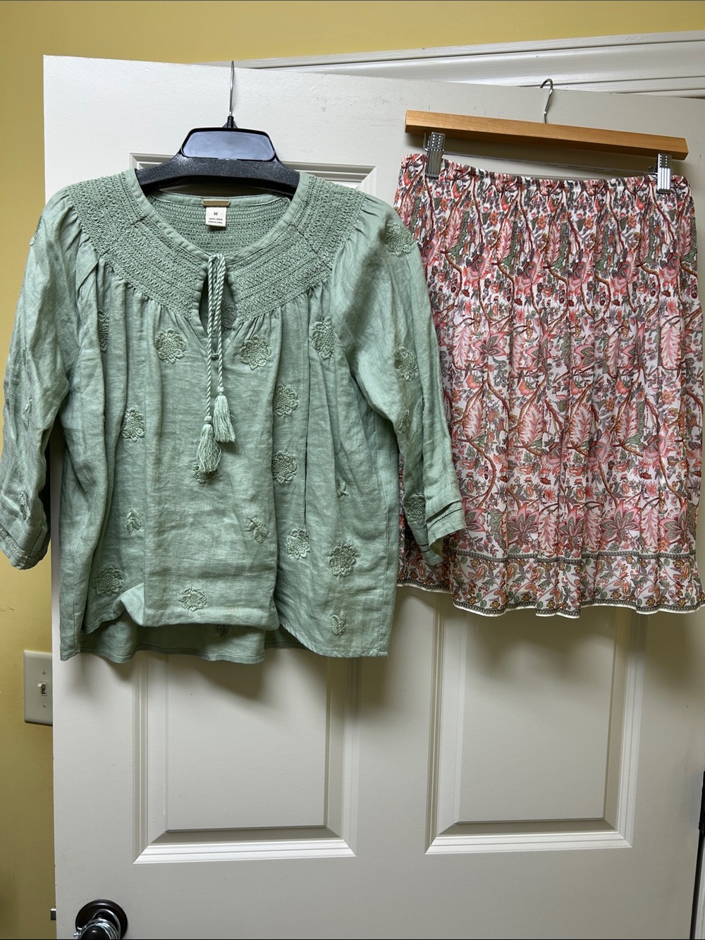 Max Studio Sage Green and Pink Floral skirt with 100% linen sage blouse.